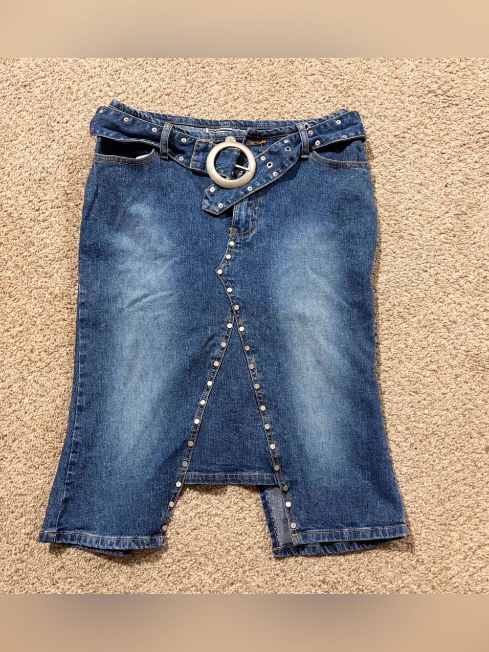 R4R Jeans Silver-Ring Belted Denim Midi Skirt - Blue